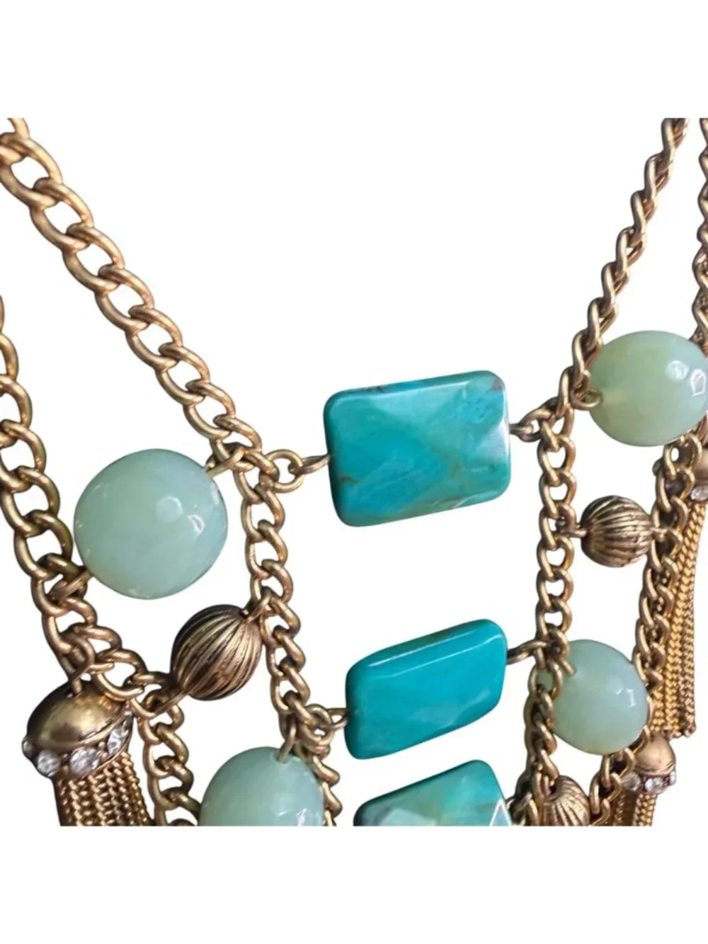 I Am Necklace Blue Beaded Tassel Boho Southwestern Gold Tone 19-22 inches